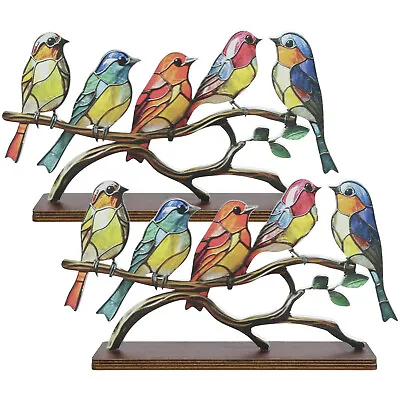 Buy 2Pcs Similar Stained Glass Birds On Branch Desktop Ornaments Double Sided Flat| • 15.03£