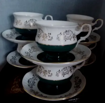 Buy Vintage English Fine Bone China Crown Staffordshire Green-Gold 6 Cups Saucers • 49£