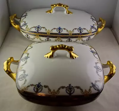 Buy 2 Pouyat Limoges Antique Porcelain Covered Vegetable Bowls  Flambeau Gold Trim • 264.28£