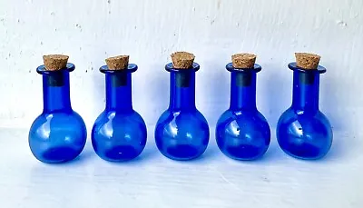 Buy Vintage X 5 MINIATURE Glass Cobalt Blue Apothecary Bottles & Stoppers - 3cm (h) • 35£