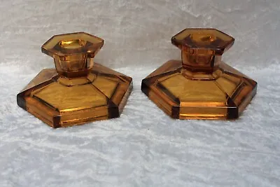 Buy Pair Davidson Amber Glass Hexagonal Candlesticks Candle Holders Art Deco • 15£
