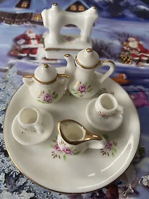 Buy Dolls House Miniature Porcelain 8 Piece White Floral Tea Set & Sewing Machine • 1.99£