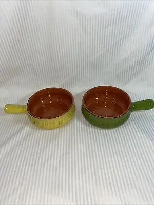 Buy Set Of Yellow And  Green Terra Cotta Pottery  Soup/Chili Crock W/ Handle Italy   • 24.01£