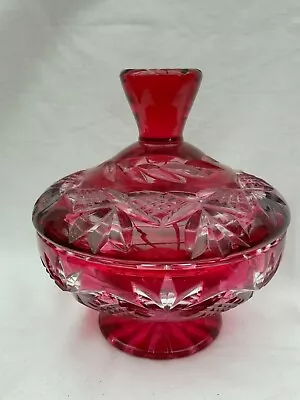 Buy Vintage Bohemian Ruby Over Cut Crystal Glass Lidded Powder Trinket Bon Bon Bowl • 45£