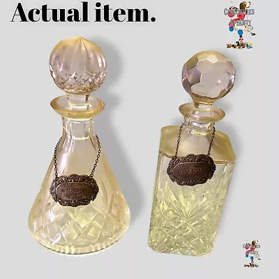 Buy 2 Cut Glass Crystal Decanter Set Whiskey & Brandy Silver Labels Bottles Vintage • 54.98£