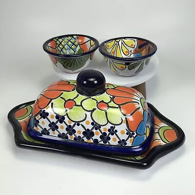Buy Mexican Pottery Butter Dish And Sauce Bowls Talavera Colorful • 19.16£