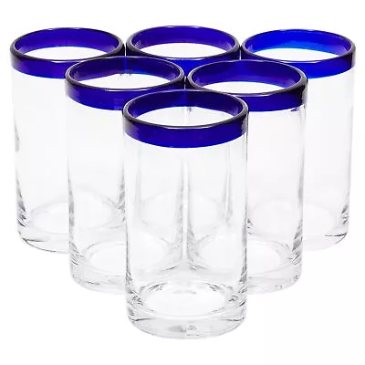 Buy Set Of 6 Blue Rim Mexican Glassware, 14 Oz Cobalt Hand Blown Drinking Glasses • 59.94£