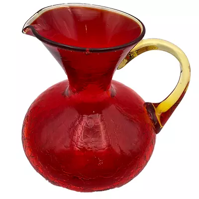 Buy Rainbow Glass Vintage Handblown Red Crackle Glass Pitcher W/Yellow Handle VGC • 24.13£