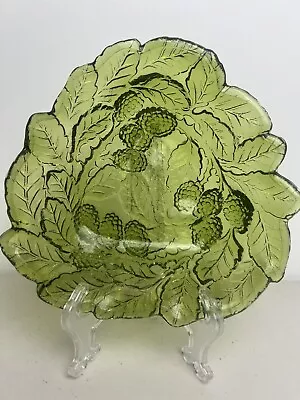 Buy Vintage Indiana Glass Green Loganberry Candy Bowl Scallop Rim Leaves Berries 7” • 9.64£