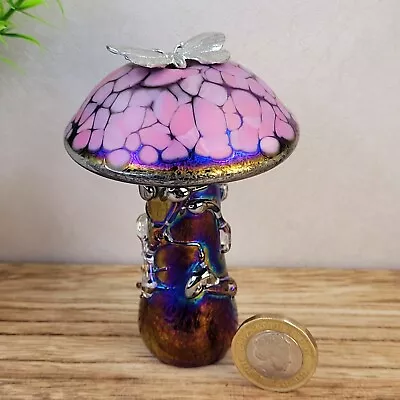 Buy Neo Art Glass Handmade Iridescent Pink Coloued Mushroom Paperweight Butterfly • 24£