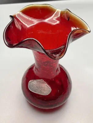 Buy Vintage Hand Blown Ruby Red Crackle Glass Vase With Ruffle Top 5 1/8  By Rainbow • 23.02£