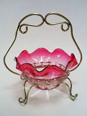 Buy Antique Art Nouveau Cranberry & Clear Glass Preserve Bowl In Silver Plate Stand • 34.99£