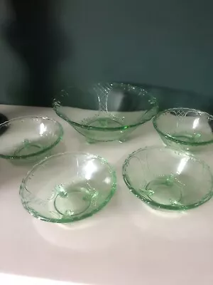 Buy Art Deco Green Uranium Glass 5 Bowl Set Depression Glass Antique Glass • 28£