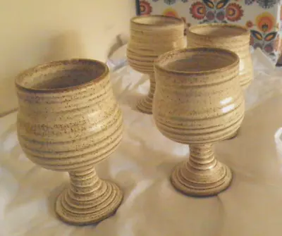 Buy Vintage Studio Pottery Goblets With  Cream And Brown Design Set Of 4 • 20£