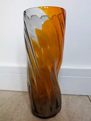 Buy Large Twist Spiral Orange Clear Swirl Tall Glass Vase Handmade Whitefriars Style • 19.95£