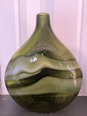 Buy Beautiful Green 1970s Hand Blown Art Glass Vase Flat Bottle Pontil Mark 13 1/2” • 29.95£