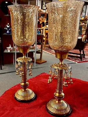 Buy Rare Pair Of Vintage Brass & Crackle Glass Mantle Lustres Candleholders 16” • 70.99£