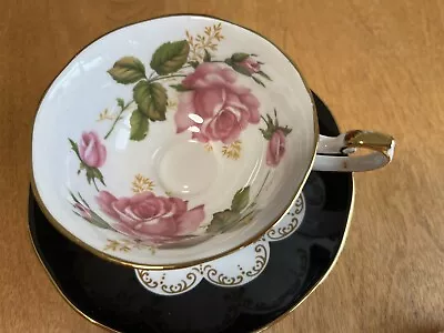 Buy Fine Bone China Roses Tea Cup & Saucer/Ebony Queens /White & Pink And Black • 33.26£