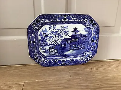 Buy VINTAGE BURLEIGH WARE BLUE WILLOW SERVING TRAY  - GOLD TRIM EDGE-28cm VG+ • 10£