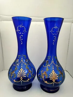 Buy Vintage Bohemian Hand Painted Cobalt Blue 2 Vase • 24.99£