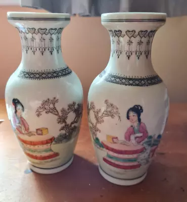 Buy 2 Vintage Chinese Small Vase Hand Painted  Porcelain GORGEOUS!! • 19.99£