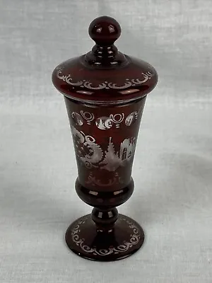 Buy Antique Tiny Bohemian, Ruby, Cut Glass Chalice With Lid In Good Condition • 25£