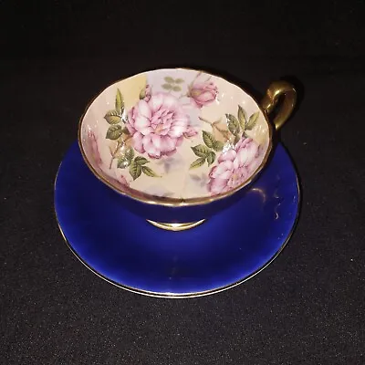Buy Aynsley Blue Gold CABBAGE ROSE Floral Tea Cup & Saucer 1031 Vintage  • 50£