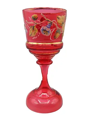 Buy Antique Bohemian Cranberry Hand Painted Coralene Art Glass Wine Chalice Goblet • 241.05£