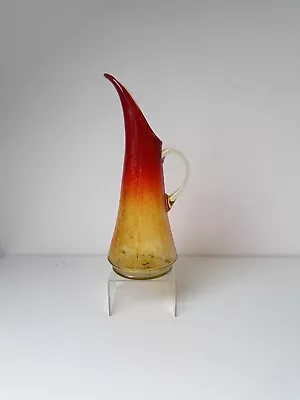 Buy Vintage Crackle Glass Amberina Optic Red & Yellow Glass Jug Vase With Handle • 20£
