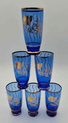 Buy Vintage Cobalt Blue Liqueur Glasses Shot Retro Barware Floral Bohemian Czech MCM • 17.99£
