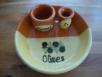 Buy Mediterranean Pottery Olive Dish With Integrated Pip Dish & Stick Pot Glazed. • 12£