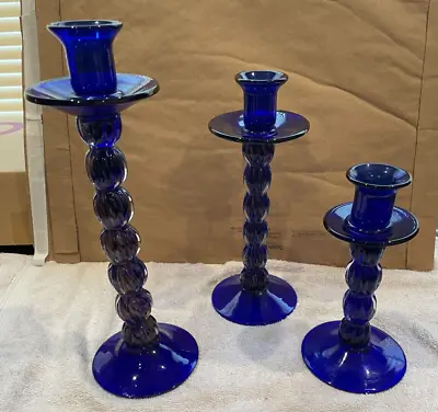 Buy Vintage Blue Glass Taper Candle Holders Set Of 3 • 43.22£