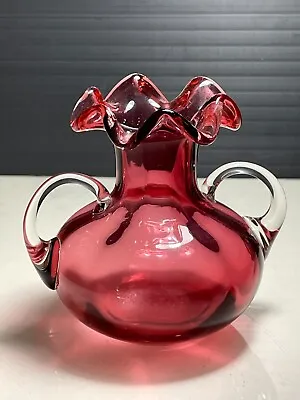 Buy Victorian Cranberry Ruffle Top Art Glass Posy Vase With Clear Handles • 12.99£