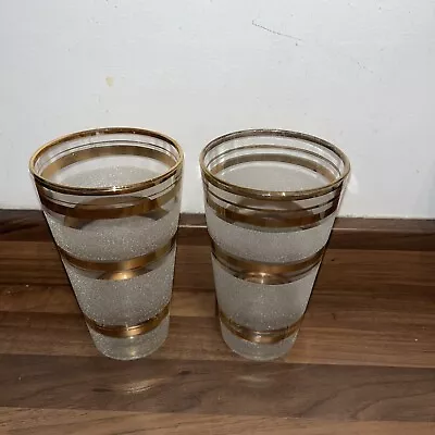 Buy 2 Large Heavy Vintage Frosted Glass Tumblers With Gold Detail • 15£
