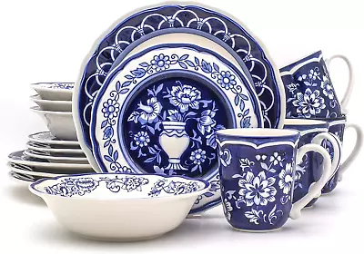 Buy Euro Ceramica Blue Garden 16 Piece Oven Safe Hand Painted Stoneware Dinnerware • 122.69£