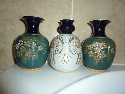 Buy Two 15.5cm Green/blue Langley Lovatt Vases With Flower And Leaf Design + Another • 48£