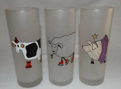 Buy 3 Dartington Designs Frosted Christmas Tumbler Glasses Cow Pig Sheep Made FRANCE • 14£