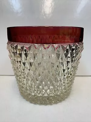 Buy Indiana Diamond Point Glass Ice  Bucket Clear Bowl & Ruby Flash Rim Vintage • 19.18£