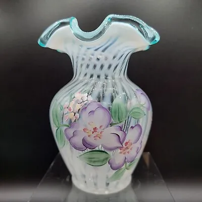 Buy Fenton French Opalescent Spiral Optic Hand Painted Vase Pansies Signed J McClead • 56.68£