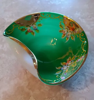 Buy Bohemian Green And White Cased Glass Bowl Folded Edge Hand Painted • 32.66£