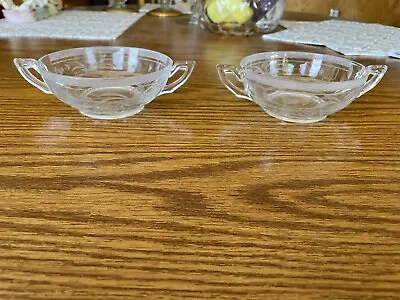 Buy 2 Vintage Clear Glass Two Handled Soup Bowls Etched Leaves Flowers Dish 4 5/8  • 14.17£
