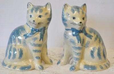Buy Pair Of Blue & White Rye Pottery Cat Figures. • 25£