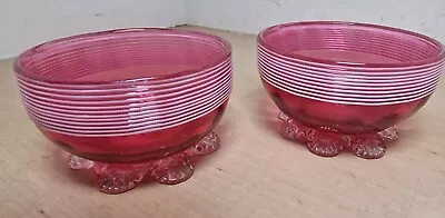 Buy Threaded Cranberry Glass Bowl X 2 Victorian Footed Frilled Base • 30£