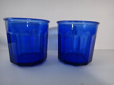 Buy Vtg 2 LUMINARC Arcoroc 10 PANEL COBALT BLUE GLASS TUMBLERS 500 FRANCE 12 OZ • 18£
