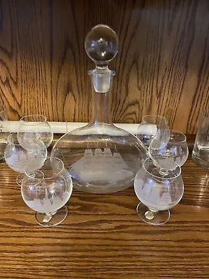 Buy Vintage Brandy Decanter W/ Stopper And 6 Snifters With Etched Clipper Ship • 71.15£