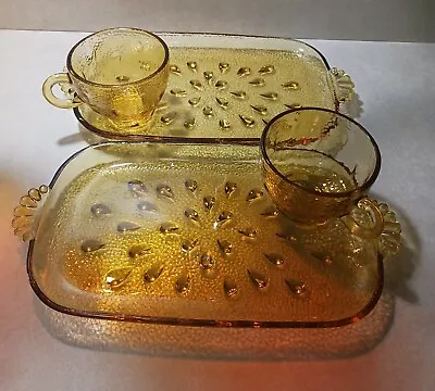 Buy Vintage 1950s Amber Glass Tear Drop Informal Snack Set Of 4 • 9.58£