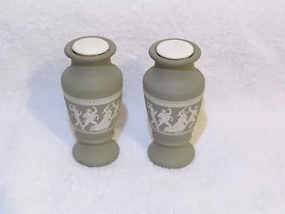 Buy Vintage Salt & Pepper Shakers Glass Grecian Design Green/White Wedgewood Style • 7.57£