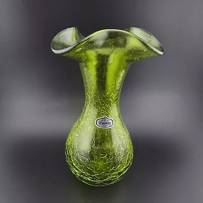 Buy Rainbow Art Glass Crackle Green Vase Ruffled With Sticker 6.5  Tall Vintage MCM • 17.91£