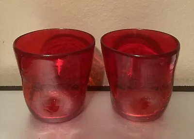 Buy Set Of 2 Vtg Blenko? Red Pinch Dimpled Crackle Glass Old Fashioned Rocks Glasses • 37.60£
