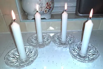 Buy Four Round Clear Pressed Glass Tapered Candle Holders. • 9.99£
